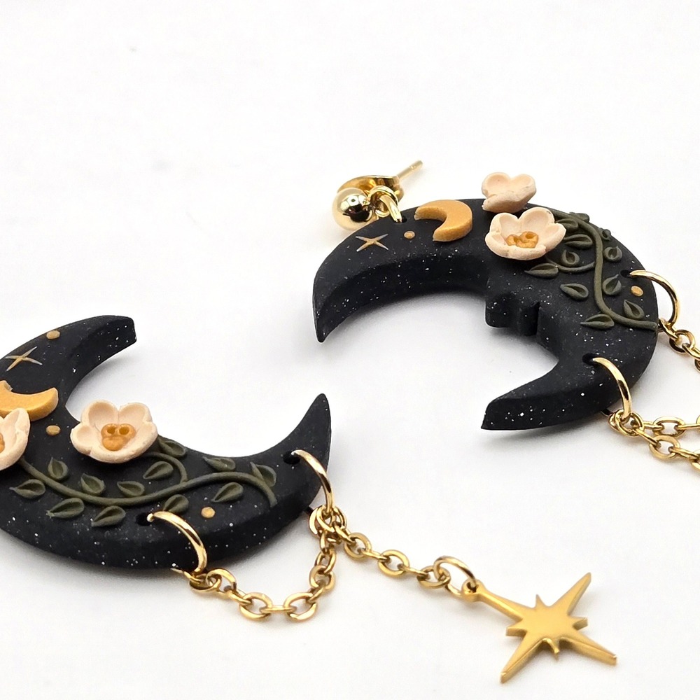 Handmade Dark Forest Crescent Moon Flower Star Dangle Earrings Black Gold Tone - Picture 5 of 8